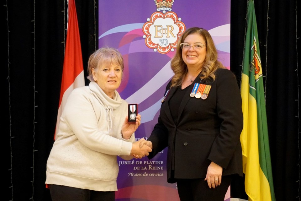 Dr. Allison Christie, left, was recognized with a Queen Elizabeth II Platinum Jubilee Medal for healthcare services. Estevan MLA Lori Carr presented the medal. 