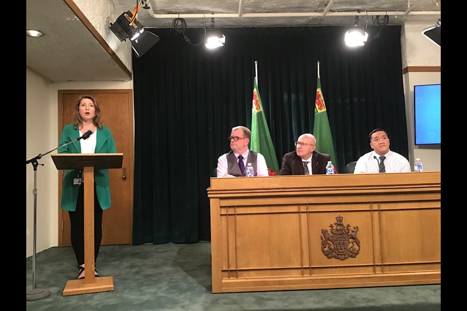 From the press conference announcing the MySaskHealthRecord app. Left to right, Diane Dolney, eHealth's Director, Citizen and Partnership Programs, Patient Family Partner Tyler Moss, Melville-Saltcoats MLA Warren Kaeding on behalf of Health Minister Paul Merriman and Dr. Nelson Leong, Radiation Oncologist, Saskatchewan Cancer Agency.