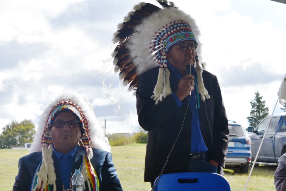 From left to right, Chief Lee Kitchemonia listened as Chief George Cote spoke on behalf of Cote FN and the Saulteaux Pelly Agency Health Alliance.