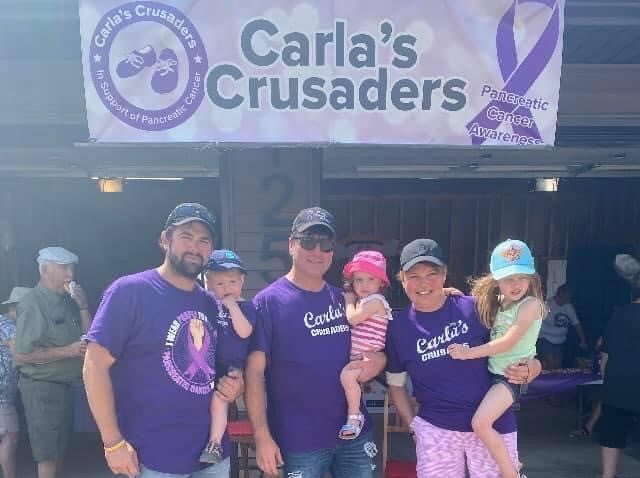 Family members, from left, Dryw, Dick and Carla Onslow and grandchildren at the Carla’s Crusaders Walk in 2021. The annual walk took place before Carla died. 