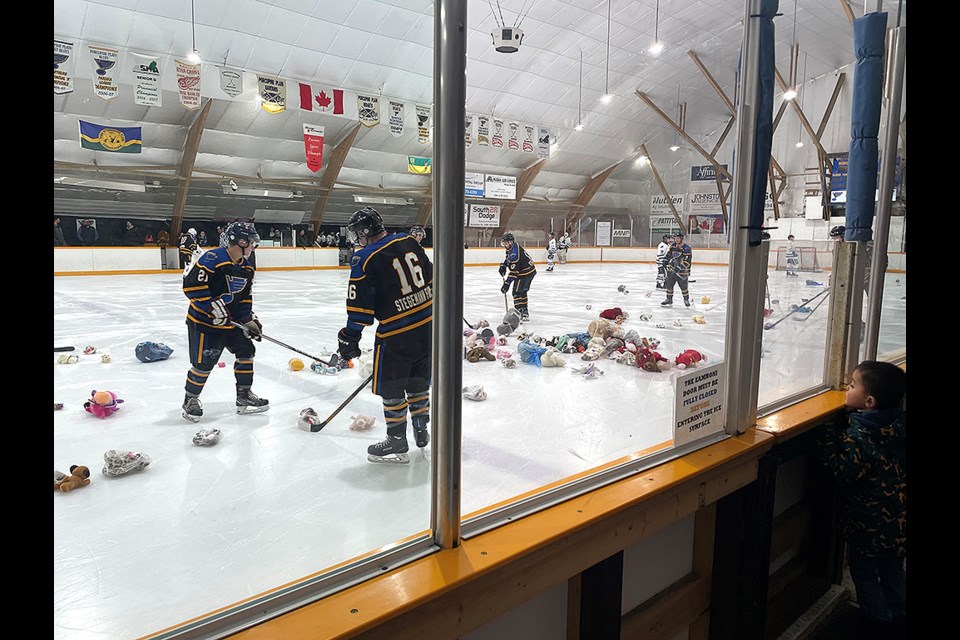 The teddy bears flew onto the ice when the Blues scored within 37 seconds of the game.