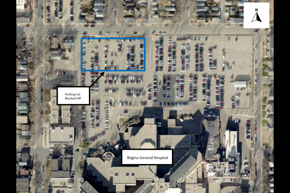 A aerial map of the portion of the Regina General Hospital lot showing the area that was impacted by the historical site assessment.