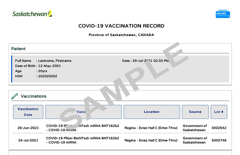 SAMPLE Vaccine record