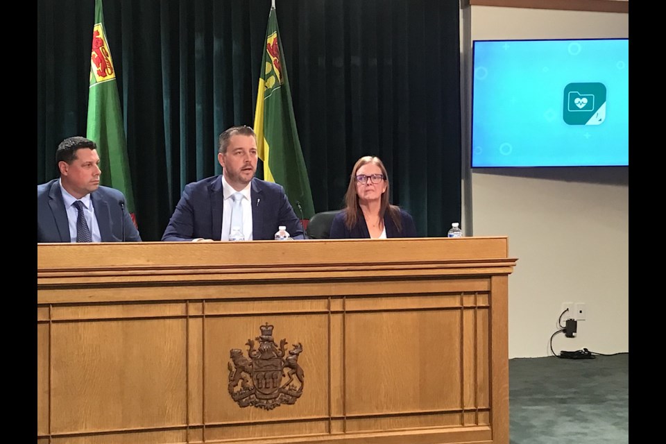 Left to right, Paul Maindonald of eHealth, Rural and Remote Health Minister Tim McLeod, and Patient Family Partner Wendy Kopciuch, at the announcement of the new surgeries feature on MySaskHealthRecord.