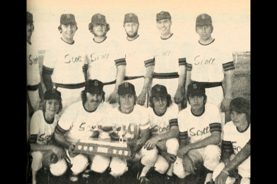 Scott wins the league title in 1973. Back row, Tony Lorenz, Gerry Cey, George Huber, Ed Holzman, Ross Johnson and Myron Schell; front row, bat boy Eric Schell, Val Schwab, Herb Schell, Donny Gerein, Byron Miller and Lester Cey. (Wilkie Press archives)
