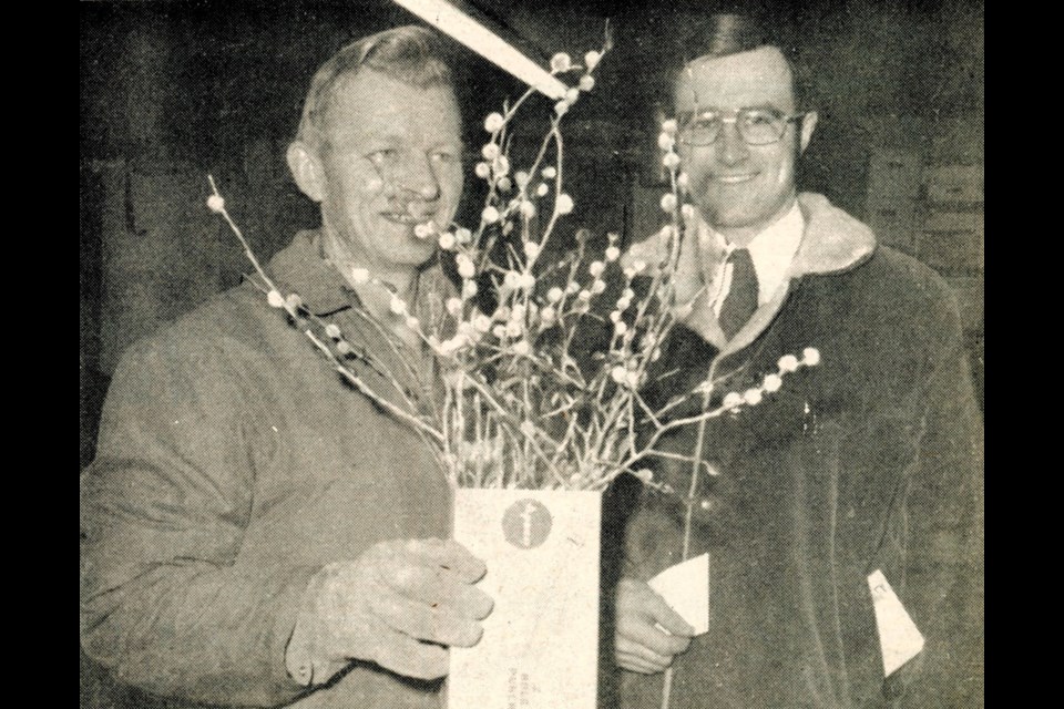 Evidence of the unseasonable mild temperatures throughout January 1972 was this bouquet of pussy willows shown off by Tony Fischer and Larry Sutherland.