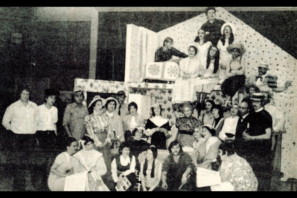 Cast and crew sing a welcome to “Green Gables,” Unity’s 1973 – and first – Little Theatre production. The main characters were acted by Marion Jacobs (Anne), Maureen Robertson (Diana), Calla Krause (Marilla) and Nick Volk (Matthew).