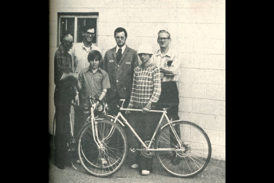 Unity Lions Club executive, back row, left to right, John Coid, Bob Sword, Larry Sutherland and Jack Low, pose with Randy Sander and Emile Michel. Randy and Emile each won a 10-speed bicycle as the top fundraisers in the 1972 Unity Lions bike-a-thon. 