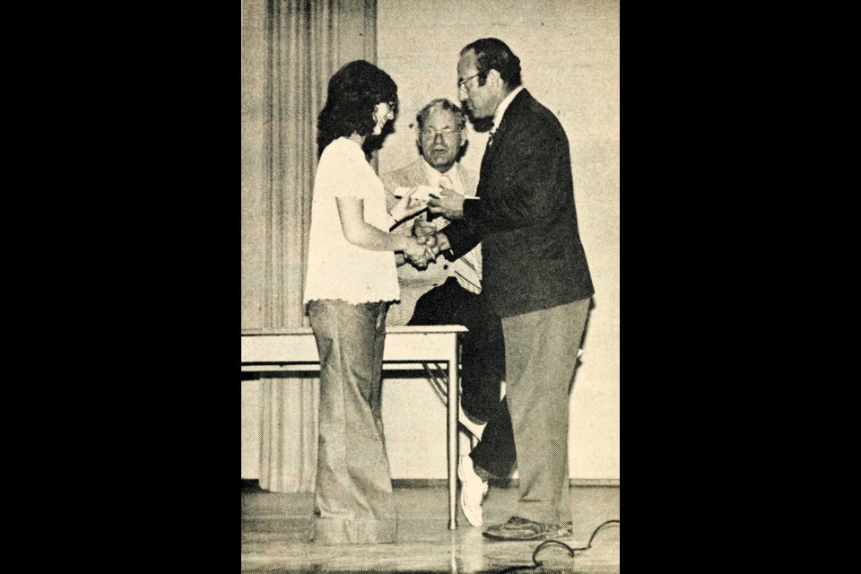 Mr. J. Nickel presents the Masonic Lodge Award to Verda Savostianik at the 1973 UCHS annual awards day. Other award winners included Delores Herbst, David Smith, Ila Mawbey and Wendy Bowker.