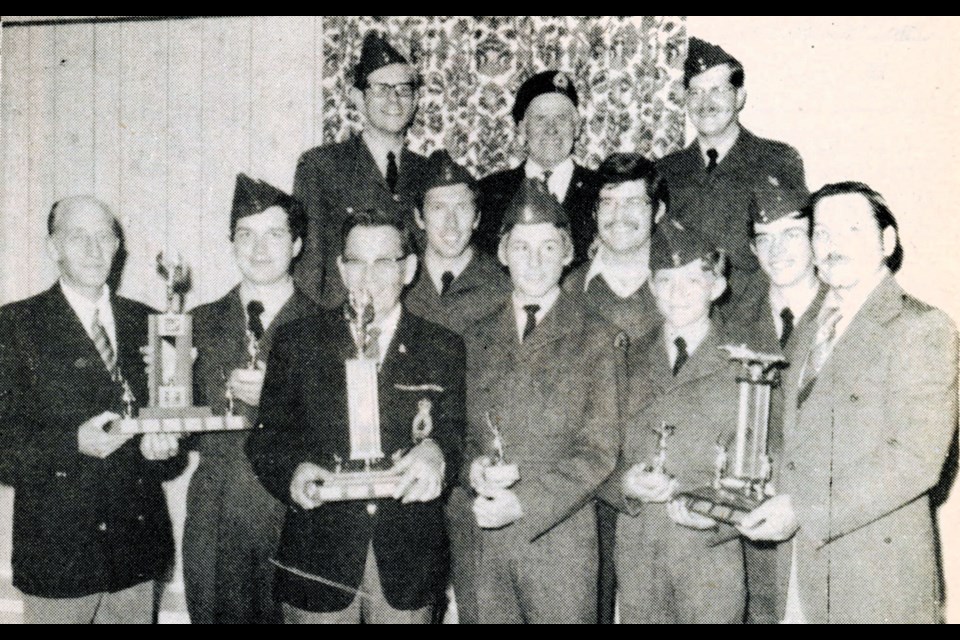Wilkie Air Cadets receiving awards in 1973 pose with presenters and officers. Back row, Cpt. Cliff Rhodes, Wib Walby, Lt. W. Reynods; middle row, Lt. H. Amundson, Hugh Stearn and Cadet Sgt. David Cook; front row, Herb Greening, Brian Hyland (Most Proficient Cadet), Don Morrison, Joseph Matwychuk (Most Proficient First Year Cadet), Stephen Suchan (Best Marksman) and Ed Weber. (Wilkie Press archives)
