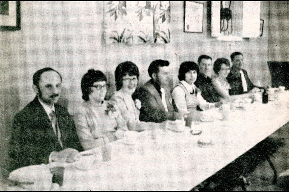 Kinsmen Club of Wilkie honoured their wives and the Kinettes with a dine and dance evening in May, 1973. At the head table: Dave Morris, Miss Ila Stevens, Delores Johnson, Gary Johnson, Cathy Bagnall, Boyd Bagnall, Doreen Swarbrick and Ed Swarbrick.