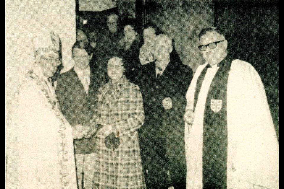 The Most Reverend Edward Walter Scott, Primate of the Anglican Church of Canada, visited St. John's Anglican Church in Unity in 1972, and is seen here with local Rector, Rev. Tom Thurlow and various parishoners.