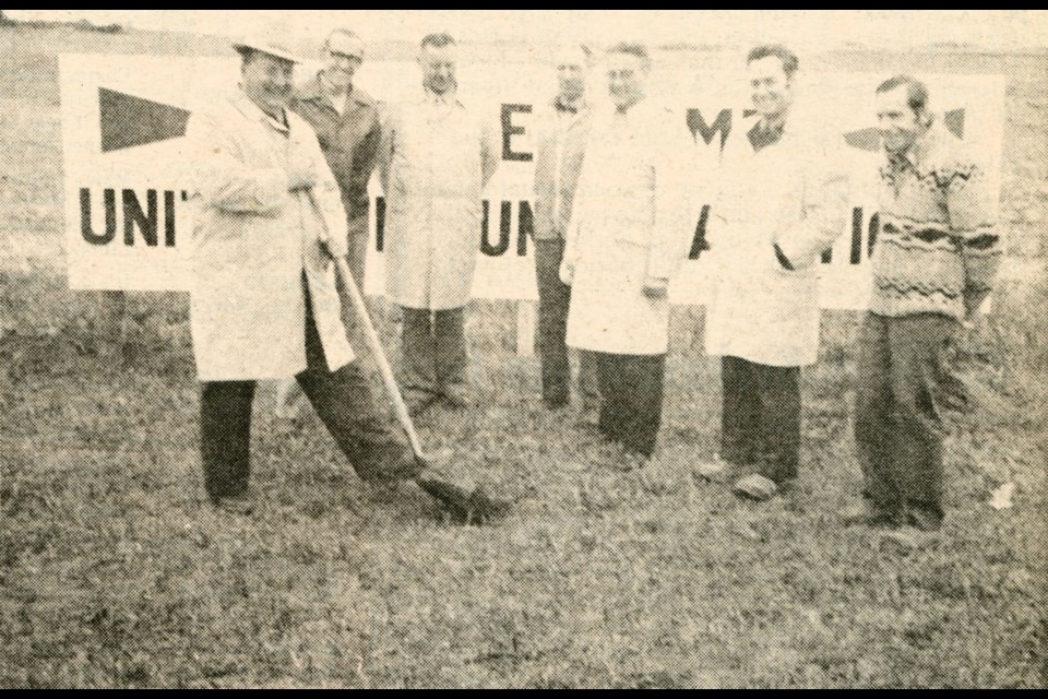 Official sod-turning for Unity Community Auctions in 1973, with auction manager Hiram Pangburn, town councillors Si Campbell, Emil Wiesner and Jack Britton; Mayor Leonard Boxell, chamber president Fred Weeks and chamber director Jim Rutherford all present.