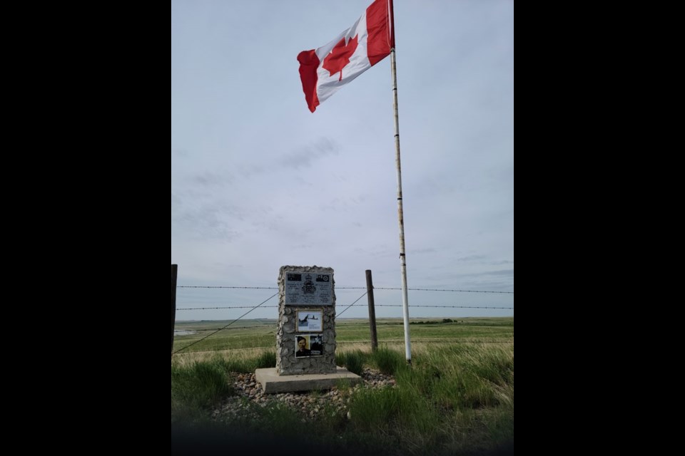 A memorial cairn south of Unity near the Revenue road turnoff is a tribute to two air force members who perished in a training flight in 1945.