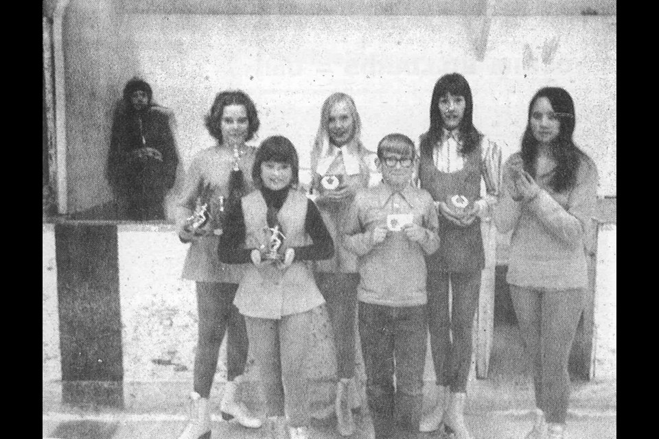 Lori Foster, First Junior Figure and Free Skate; Carol Beatty and Sherry Housen, Second Novice Dance; Edna Howdle, Third Novice Figure. Front row, Linda Maljan, First Girls' Juvenile Free Skate; Bradley Wagner, Third Boys' Juvenile Free Skate.