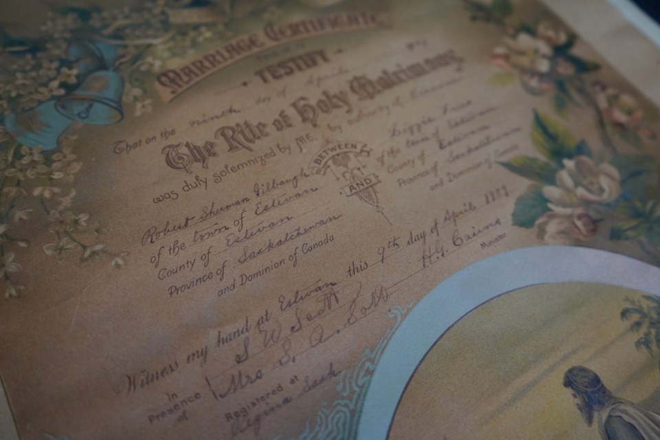  This marriage certificate was issued on April 9, 1909, in Estevan to testify the union between Robert Sherman Gilbough and Lizzie Fries, both of what was the Town of Estevan at that time.                              