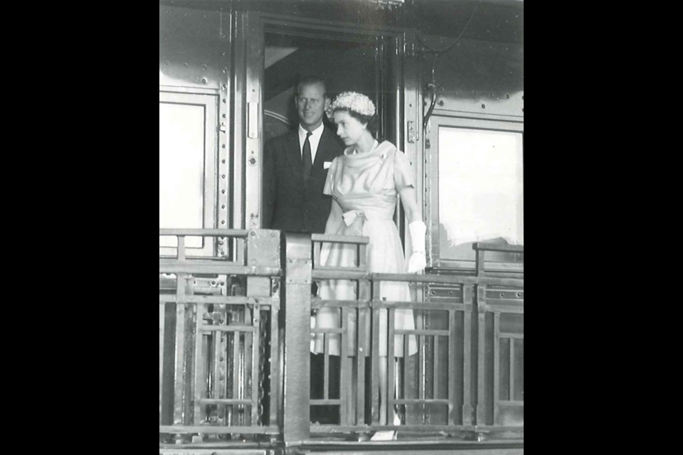 Queen Elizabeth and Prince Phillip at the back of train during a 45-day cross-Canada tour in 1959 that stopped in Unity.