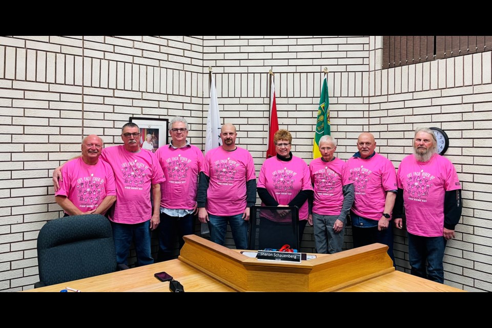 The members of Council for the Town of Assiniboia show their support  to stamp out bullying as they wear their Pink Shirts. Pink Shirt Day was held on February 23. From left are CAO Clint Mauthe, Councillor Robert Ellert, Councillor Patrick Grondin, Councillor Kent Fettes, Mayor Sharon Schauenberg, Councillor Graham Harvey, Councillor Peter Kordus and Councillor Paul Tendler. 