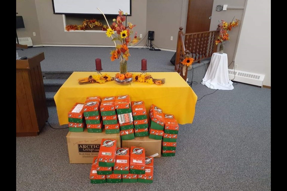 Unity Baptist Church has their Operation Christmas Child Shoeboxes all ready for shipment.  