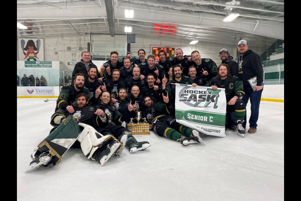 Winning their first provincial championship since 2019, the Wilkie Outlaws senior men’s team are all smiles after beating the Kyle Elks in two straight games to win a new banner to hang in their rink.