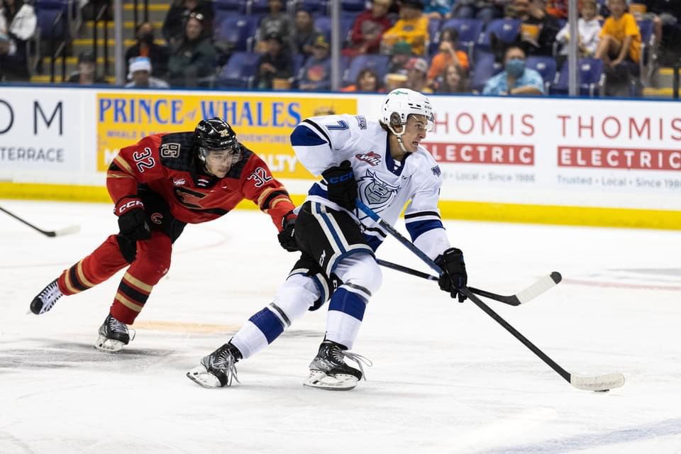Cole Reschny with the Victoria Royals tries to outskate a player with the Prince George Cougars during a game.