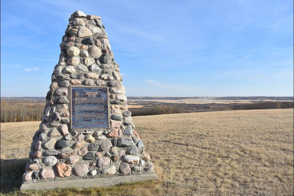 A stone cairn overlooking Poundmaker Cree Nation honours the life of Chief Poundmaker after whom the nation is named
