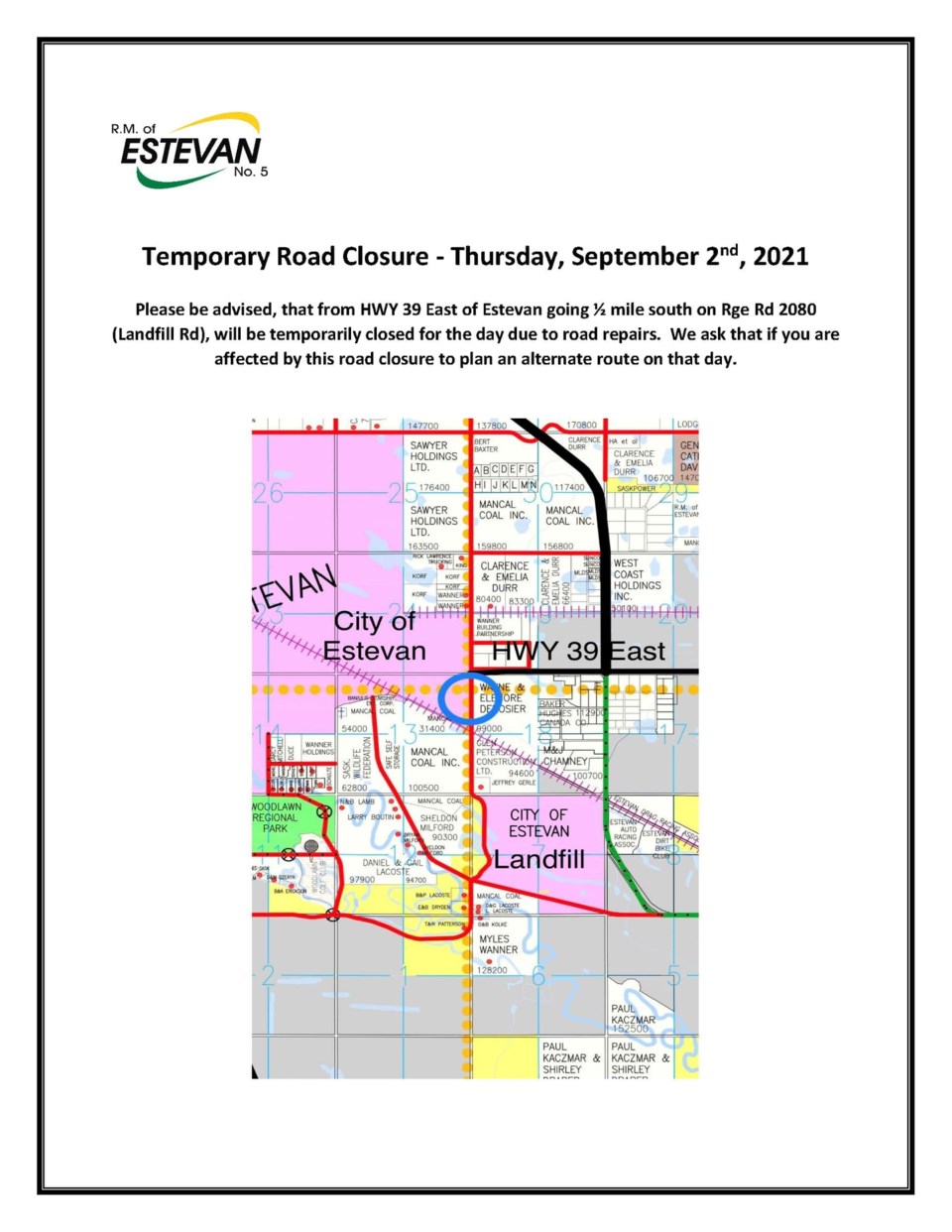 Landfill road closure