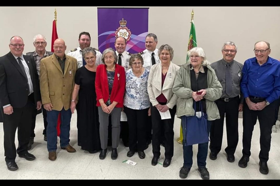 Jan. 19, Turtleford-Cut Knife MLA, Ryan Domotor (far left) poses with Maidstone-Paynton-Waseca-Lashburn Queen’s Platinum Jubilee Medal recipients. Left to right are: William McGilvery, Barry McConnell, Brent Olson, Janice McConnell, Christina Brett, Murray Lundquist, Kathy Utri, Kelly McMillan, Marion McDougall, Velma Foster, Gerry Sielsky and James Johnston. Missing are George Bray, Calvin Nicholson, Dorothy Schwartz, Curtis Sutherland and David Pero. 