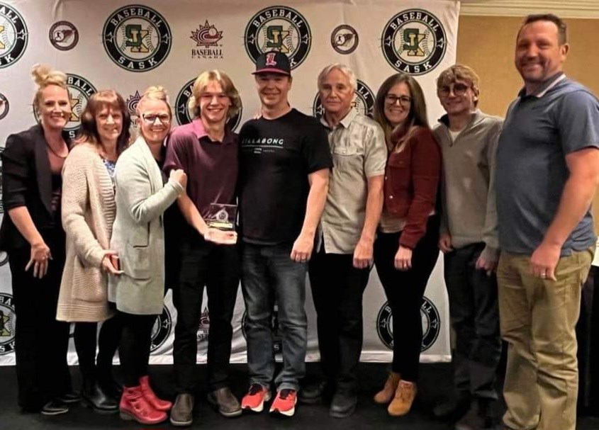 Noah Perkins’ family members at SBA awards: Maxine Johner (aunt), Yvonne Pike (grandmother), Angie Perkins (mom), Noah Perkins, Richard Perkins (dad), Kevin Pike (grandfather), Melissa Klisowsky (aunt), Ben Klisowsky (cousin) and Shawn Klisowsky (uncle). 
