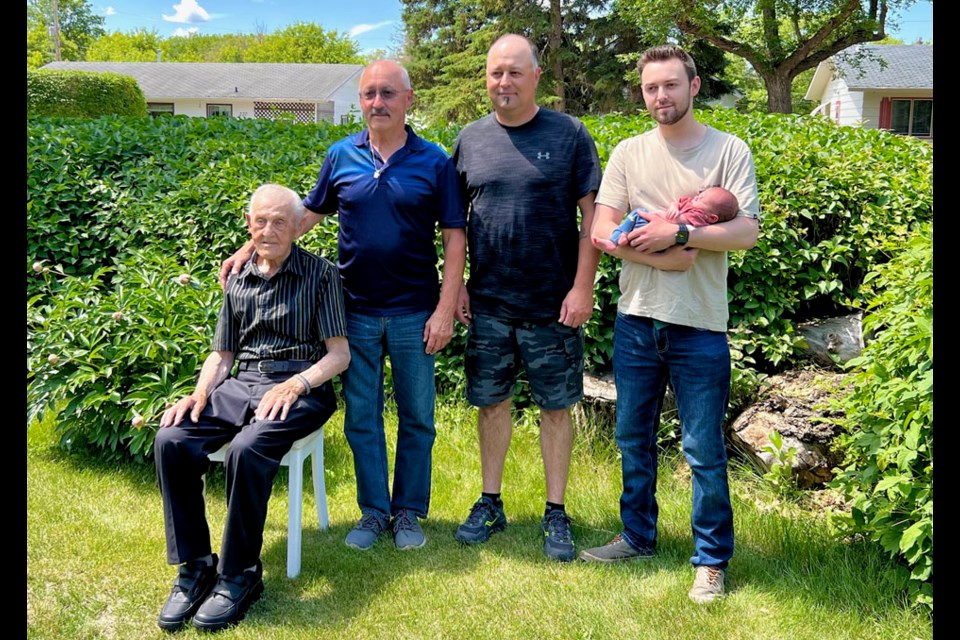 In a five generations photo of the family of Jack Leis of Kamsack, from left, are: Jack Leis; his son Clifford of Kamsack; grandson Clinton Leis of Togo; and great-grandson Logan Leis of Rhein, who is holding two-week-old Luke Scott Leis.