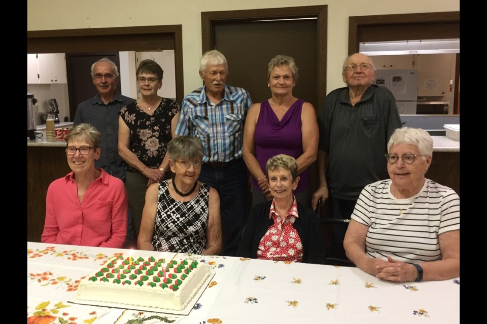 June birthday celebrants at the Borden Friendship Club supper June 29 were: standing - Mel Brooke, Florence Neufeld, Ruben Rempel, Mary Hunchak and John Petrun; seated - Dianne Winter, Elaine Gunsch, Anne Palmer and Sandy Long. 