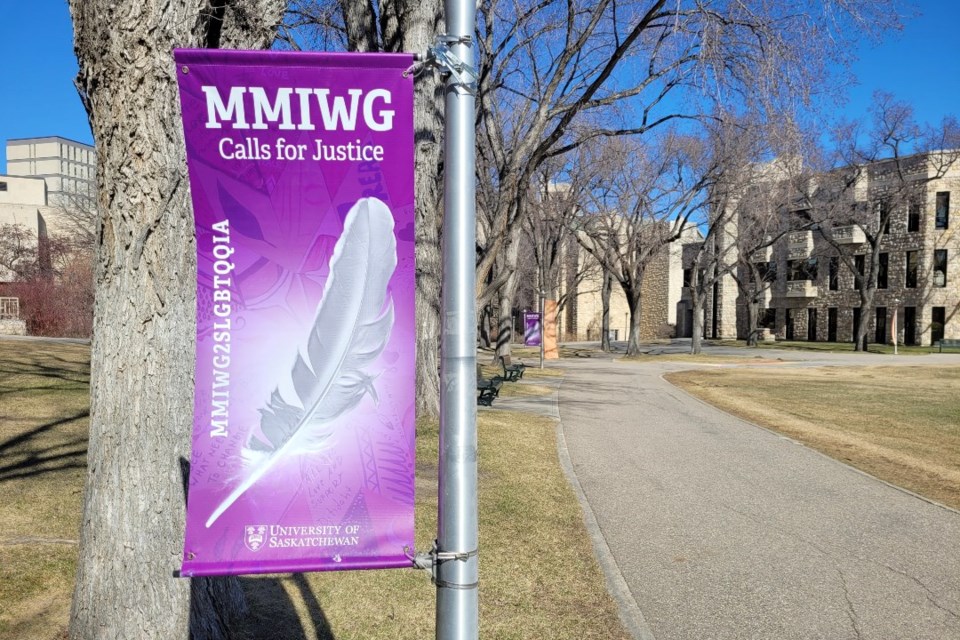 Calls for Justice are featured on outdoor banners placed around The Bowl on the main USask campus. 