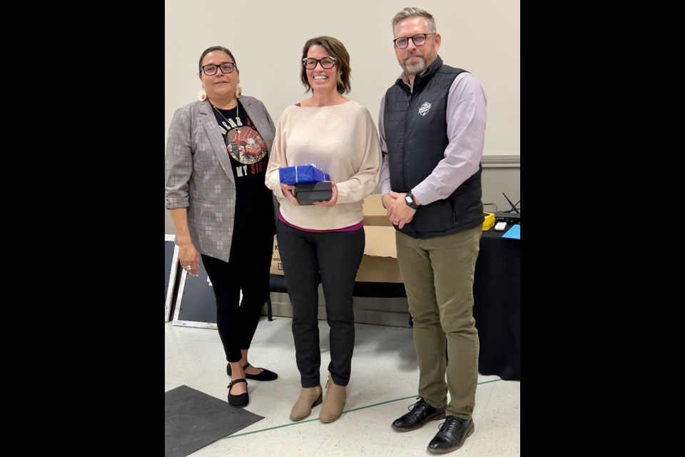 Chief Crystal Okemow, Sarah Chileen and Mayor Ames Leslie.