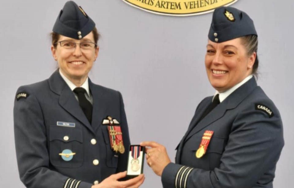 Former Kamsack resident Lt. Col Tami Marchinko, right, of Portage la Prairie, Man, was presented with the King’s Coronation Medal on June 10 in 鶹Ƶport, Man., by Lt.-Col Kim Wilton.