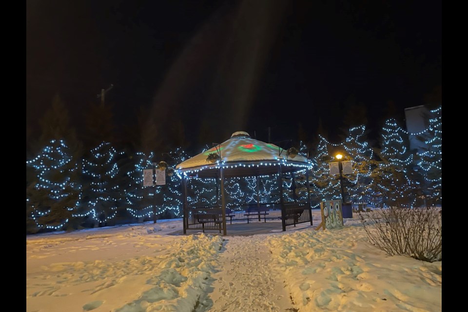 Lions Park gazebo and trees lit up for the holiday season. 