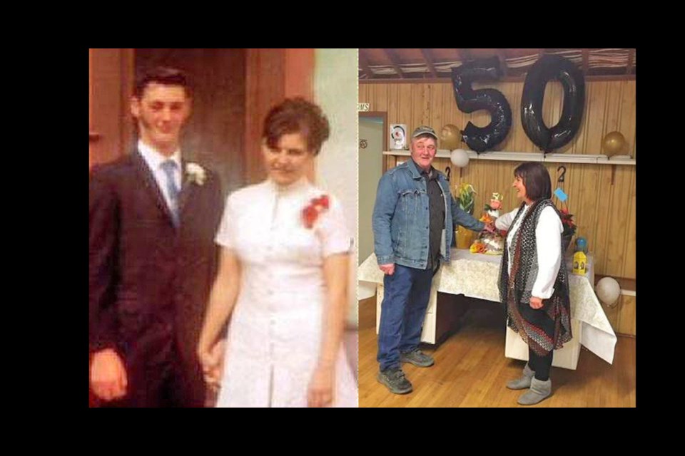 Approximately 200 people helped Linda and Marvin Price of Meeting Lake celebrate their 50th wedding anniversary recently. Pictured are the couple on their wedding day and during the celebration. 