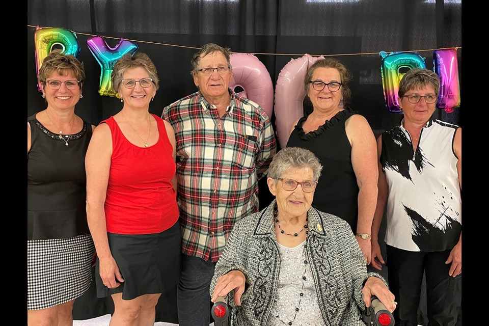 Ninety-year-old Irene Polichuk with her five children — Vera Horn (Sherwood Park, Alta). Sylvia Rodrigue (Edmonton). Dale Polichuk (Borden), Sandra Malcolm (recently moved from Nunavut to North Battleford) and Vera Horn (North Battleford). 