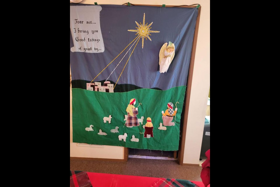 A beautiful nativity wall hanging scene made by Mary Heide was hung up in Mayfair’s All Saints Catholic Church for the Christmas program. Mary (deceased) was a parishioner in the rural Mennonite Mayfair church for many years. 