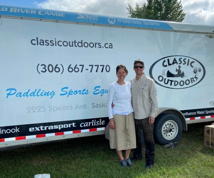 Jonas and Laura Hilderbrandt shared their knowledge of kayaks with participants in the Meota Lakefront Paddle and Sail try-a-kayak event. 