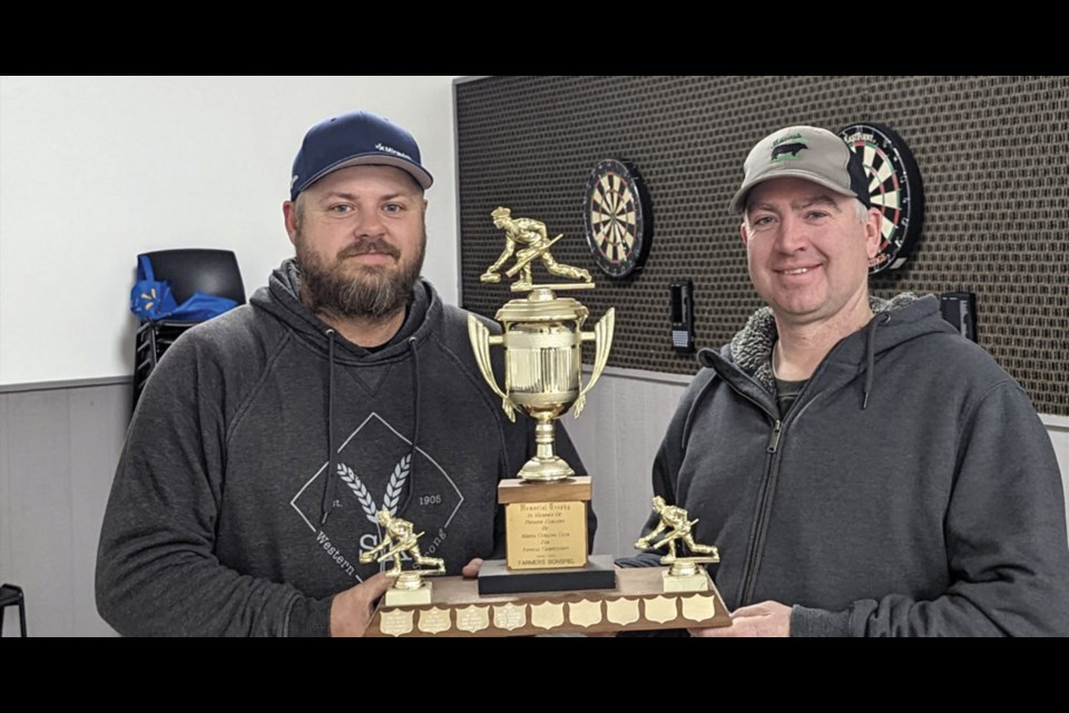 Randy Sharp and Mark McNinch were Pool A winners in Meota Curling Club’s Sturling Speil Dec. 12. 