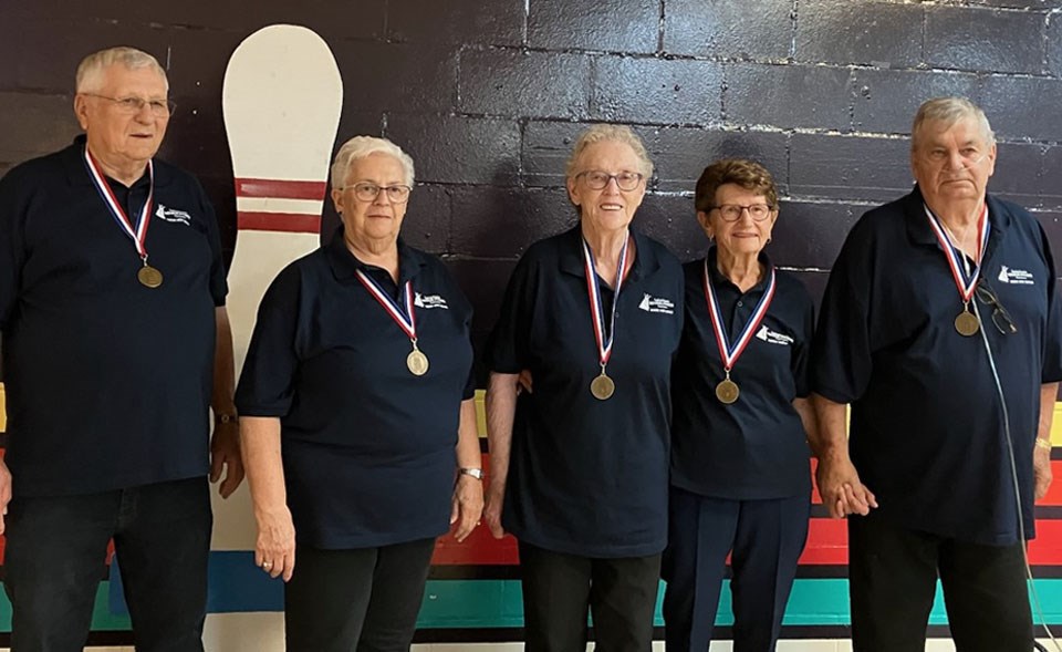 Saskatchewan Senior Fitness Association 75+ Five Pin Bowling Gold Medal Winners: Murray Rak, Dorina Mareschal, Denise Newton (Maidstone), Mary Ramsey and John Kerelchuk. 