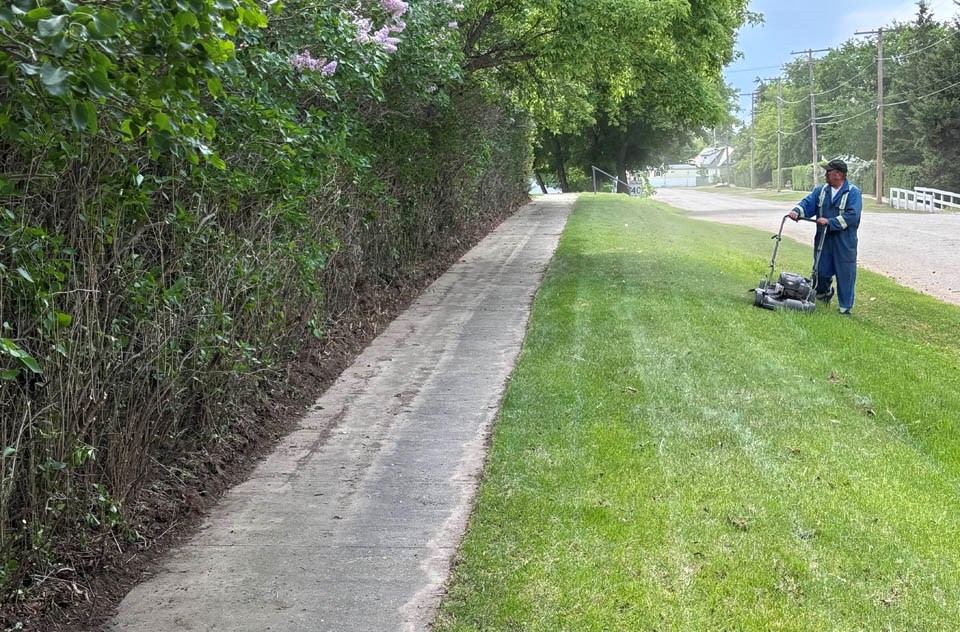 Mark Chapman puts the finishing touches on clearing the sidewalk and trimming the lilacs by the Meota United Anglican Church. 