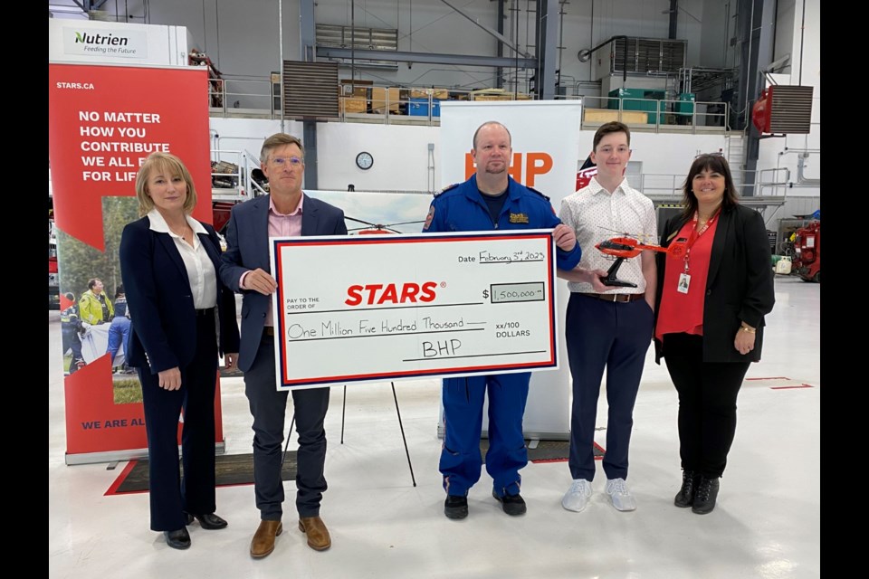 Terri Strunk, STARS; Simon Thomas, BHP; Darcy McKay, STARS; Caiden Hendry, patient; and Tammy Beauregard, STARS with the BHP donation cheque.