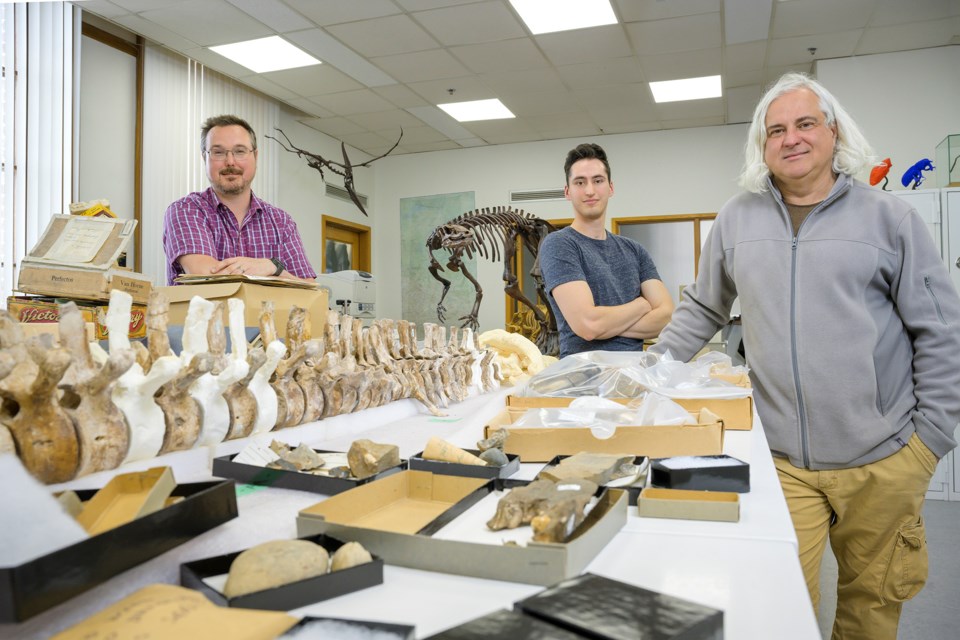 Dr. Ryan McKellar, Jerit Mitchell, and Dr. Mauricio Barbi at the Royal Saskatchewan Museum lab. 