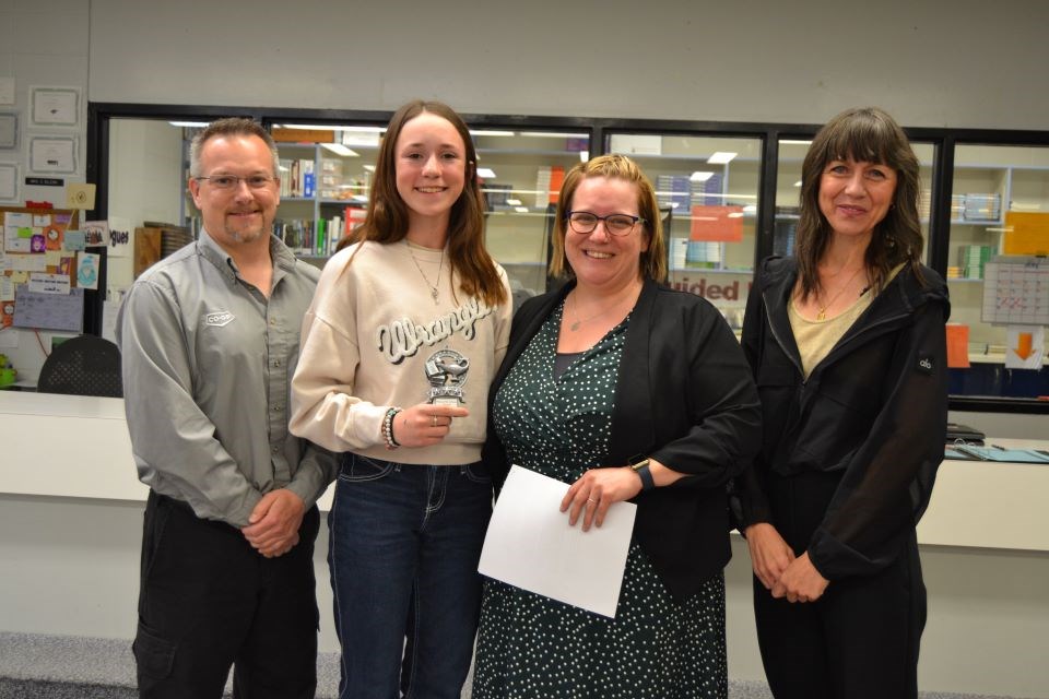 Hailey Spray won the Preeceville School oratory poetry category. From left, were: Chris Balyski, judge, Spray, Toni Lario, judge and Susan Robertson.