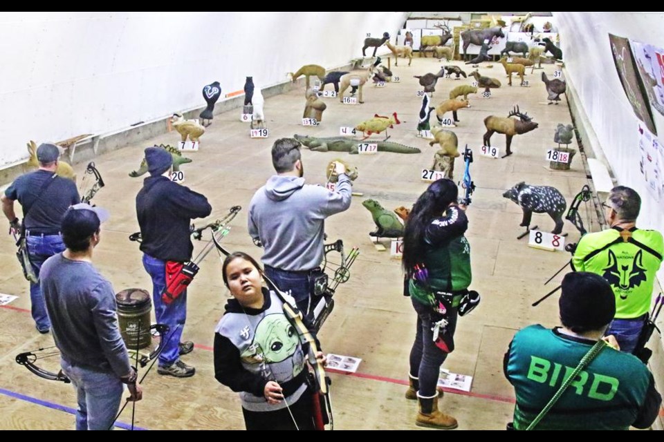 This high-angle shot shows the firing line, and the 3-D animal targets set up in the Goodwater Rink by the Weyburn Wildlife Federation, with the farthest targets at the back 40 yards away.