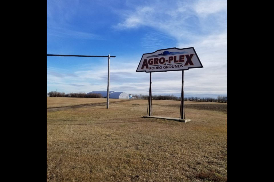 A distinctive sign at the entry of Unity's Fairgrounds notes the Agroplex as a main attraction of the location.