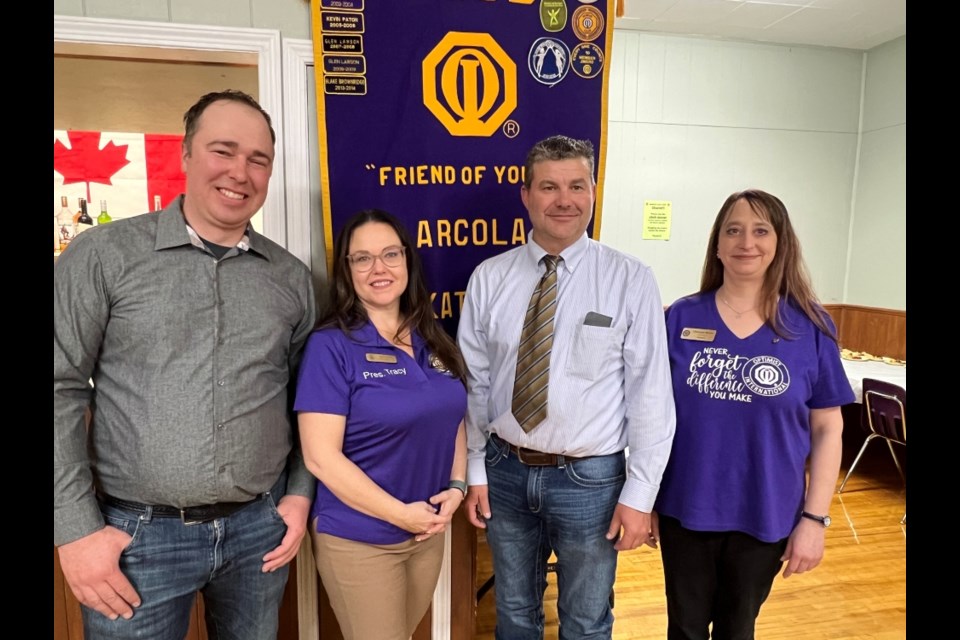 From left, Geordan Workman, snowmobile rally chairman, Tracy Huxley, International Optimist president, local Optimist president Blake Brownridge and lieutenant governor for Zone 8 Charlotte Harris. 