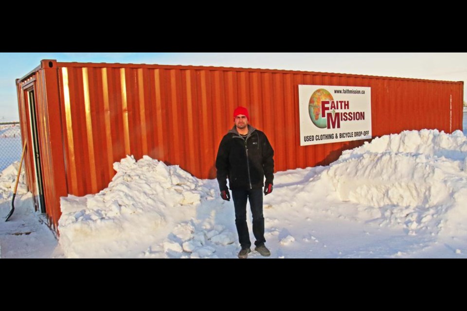 This is the rail container car being used as a collection depot in Weyburn for Faith Mission, collecting clothes, shoes, boots, bedding, and bicycles, for distribution in Ukraine and area