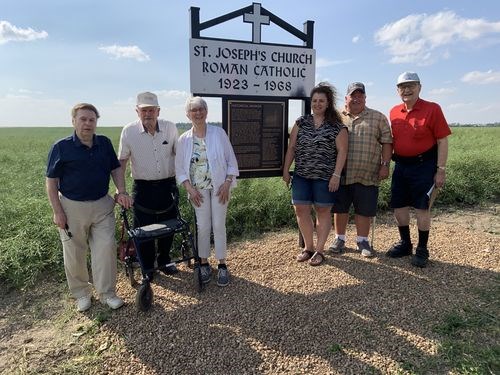 The unveiling and dedication of the historical roadside marker for the St. Joseph (better known as St. Anne’s) Roman Catholic Church southeast of Hyas was held on August 8. Members of the Historical Marker Committee for the mission of St Anne’s who attended the dedication, from left, were: Benny Lozinski, Matt Lozinski, Sylvia Lozinski, Lauri Lozinski, Ken Lozinski and Larry Lozinski. 